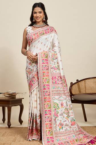 royal paithani soft silk blend saree in vibrant  white with contrast border and unstiched blouse piece