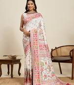 royal paithani soft silk blend saree in vibrant  white with contrast border and unstiched blouse piece