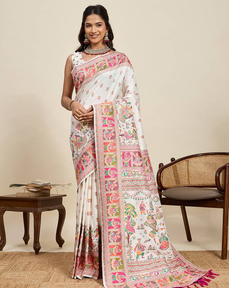 royal paithani soft silk blend saree in vibrant  white with contrast border and unstiched blouse piece