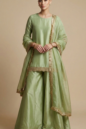 Green Embroidered Silk Sharara Set