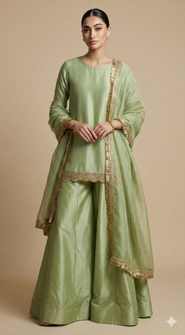 Green Embroidered Silk Sharara Set