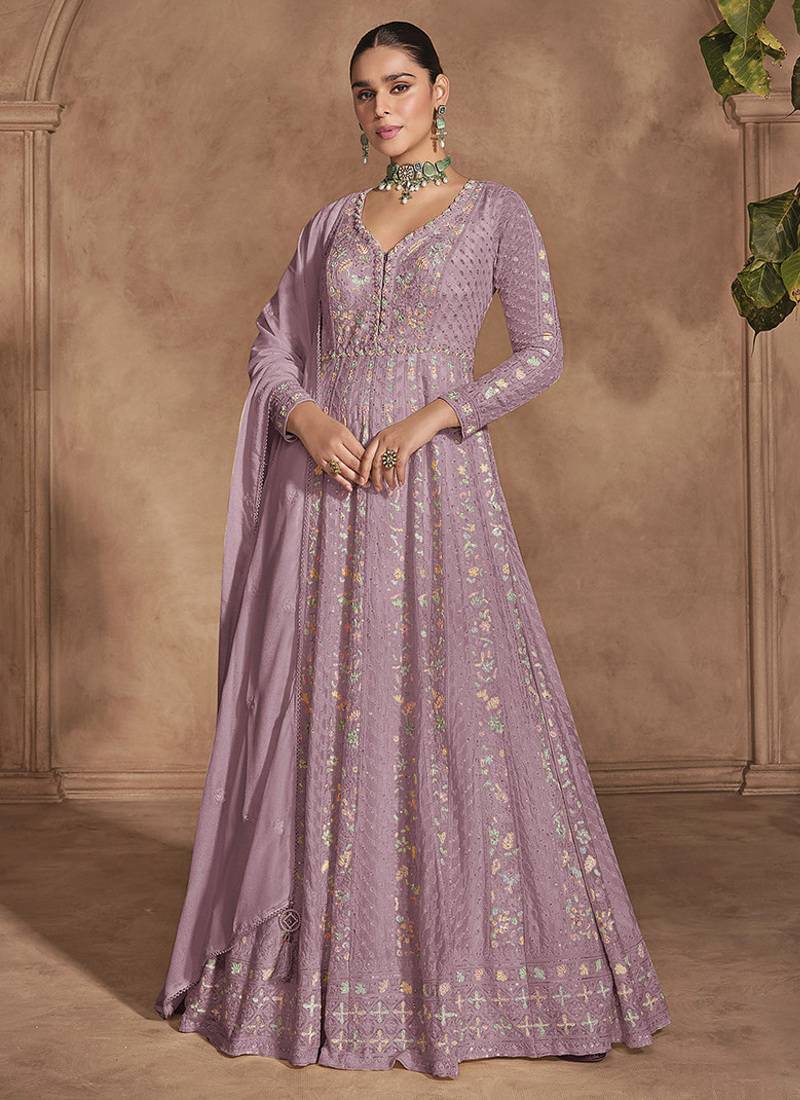 Onion Pink Embroidered Chinon Anarkali suit