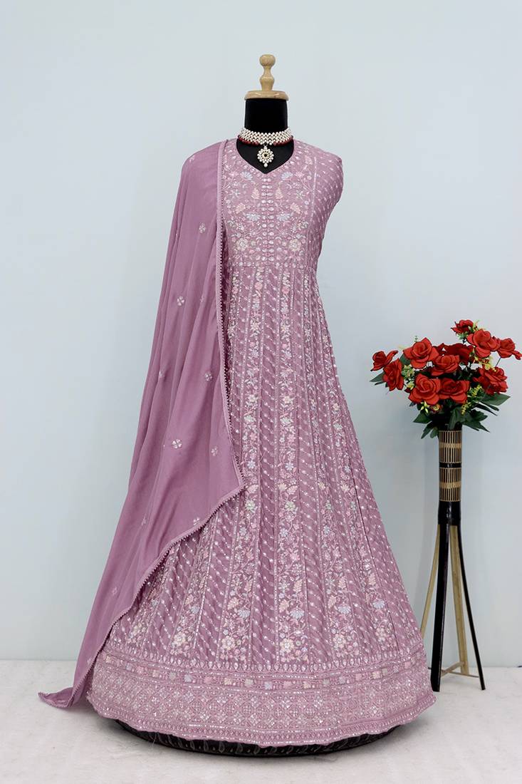 Onion Pink Embroidered Chinon Anarkali suit