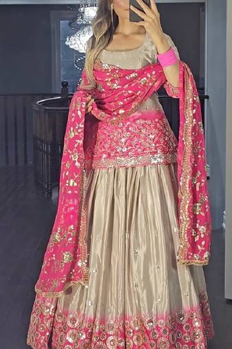 Pink grey chinon and digital print embroidered sharara suit