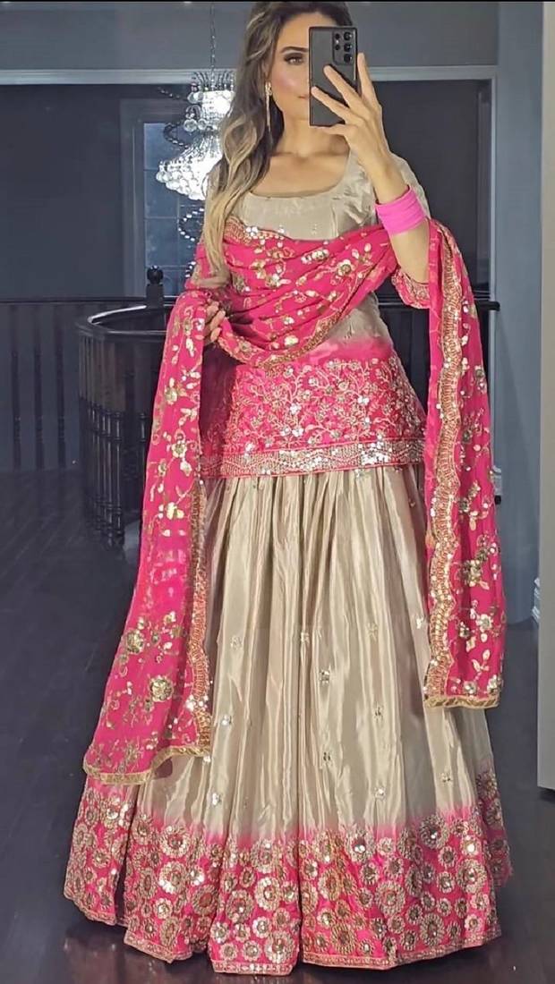 Pink grey chinon and digital print embroidered sharara suit