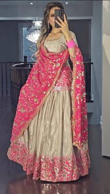 Pink grey chinon and digital print embroidered sharara suit 3