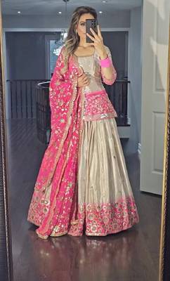 Pink grey chinon and digital print embroidered sharara suit 4