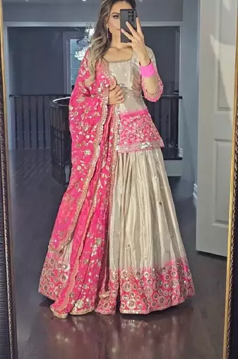 Pink grey chinon and digital print embroidered sharara suit