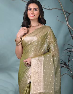 elegant sap green tissue saree with intricate border 5