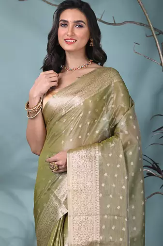 elegant sap green tissue saree with intricate border
