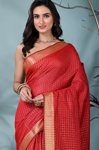 red catlon soft art silk saree with checkered pattern
