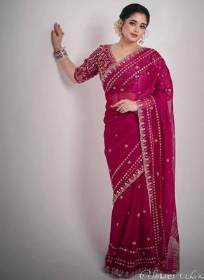 rani pink sequin embroidered silk saree for wedding & reception 5