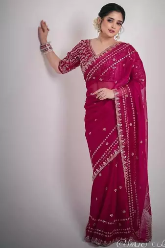 rani pink sequin embroidered silk saree for wedding & reception