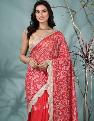 red chanderi silk blend saree with embroidered floral design 5