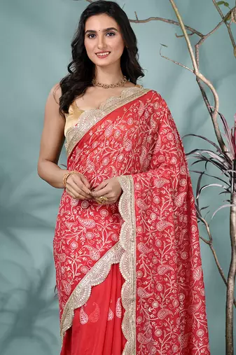 red chanderi silk blend saree with embroidered floral design