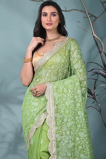 green chanderi silk blend saree with embroidered floral design