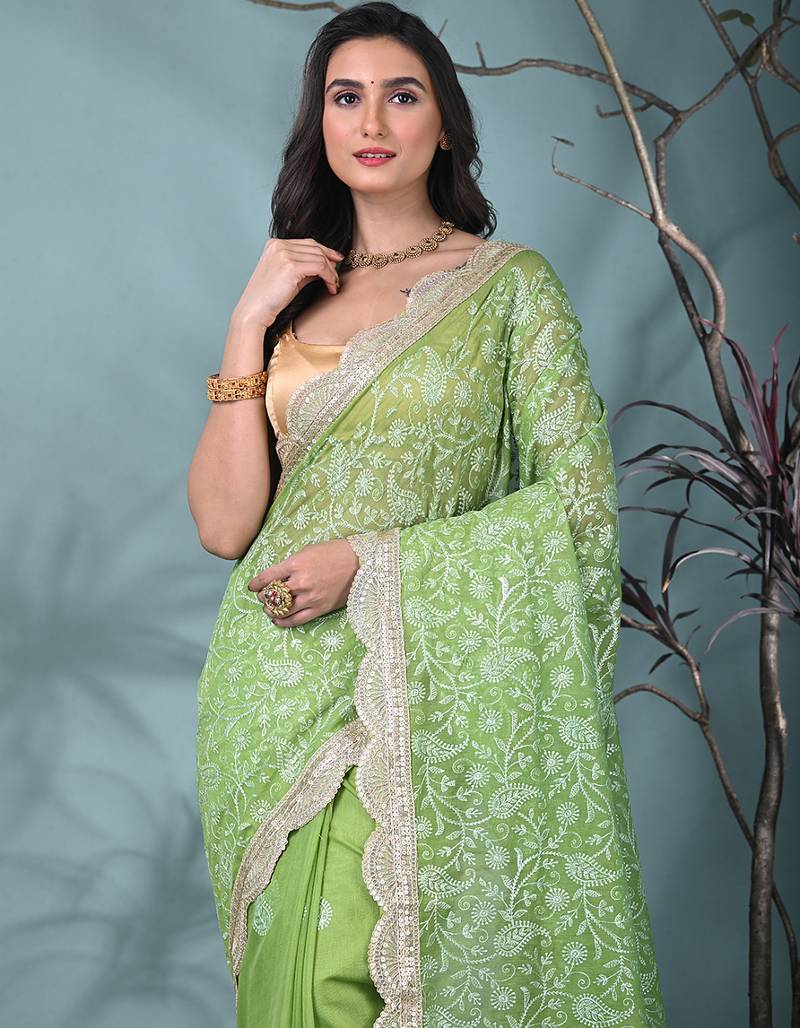 green chanderi silk blend saree with embroidered floral design