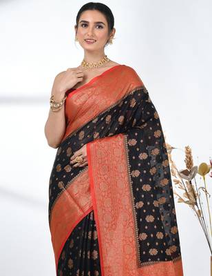 black georgette saree with red and gold border 5