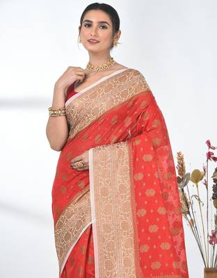 red georgette saree with red and gold border 5