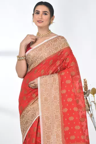 red georgette saree with red and gold border
