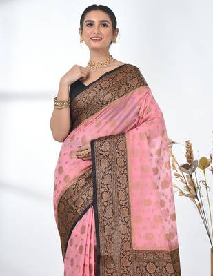 pink georgette saree with red and gold border 5
