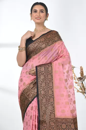 pink georgette saree with red and gold border