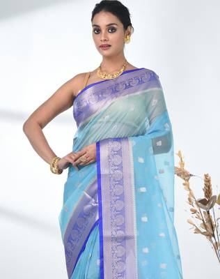 sky blue organza saree with floral motifs and blue border 5