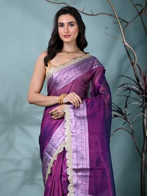 purple tissue saree with gotapatti detailing and elegant border 5