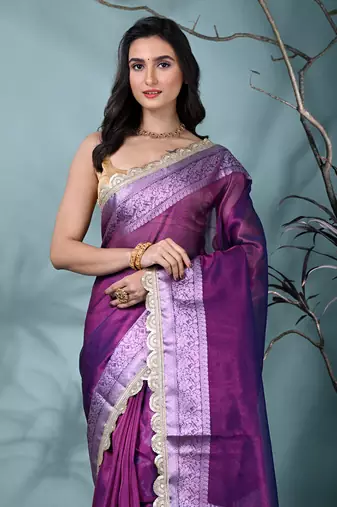 purple tissue saree with gotapatti detailing and elegant border