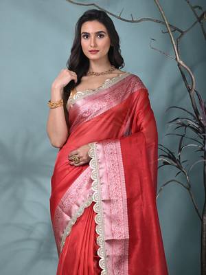 red tissue saree with gotapatti detailing and elegant border 5