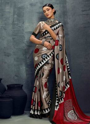 satin dark beige printed saree with blouse fabric 1