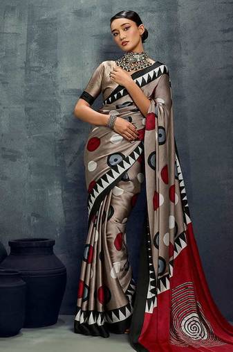 satin dark beige printed casual saree