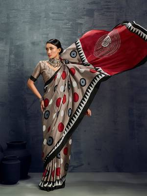 satin dark beige printed saree with blouse fabric 2
