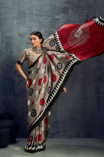 satin dark beige printed saree with blouse fabric