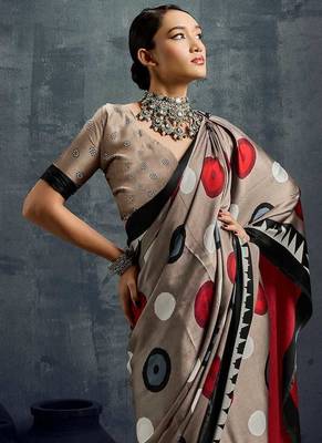 satin dark beige printed saree with blouse fabric 4