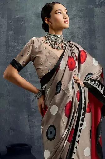 satin dark beige printed saree with blouse fabric