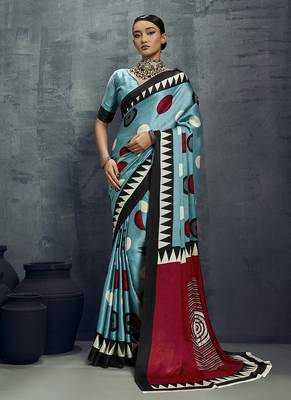 satin aqua blue printed saree with blouse fabric 1