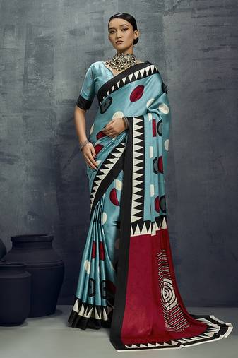 satin aqua blue printed casual saree