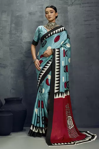 satin aqua blue printed casual saree