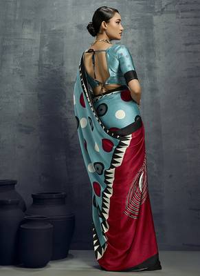 satin aqua blue printed saree with blouse fabric 2