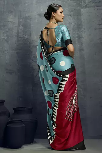 satin aqua blue printed saree with blouse fabric