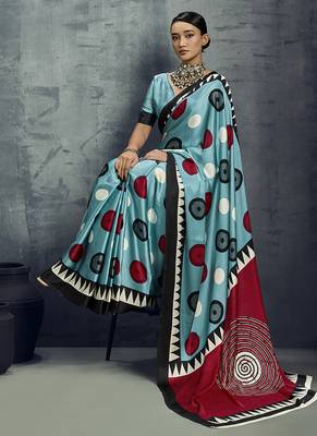 satin aqua blue printed saree with blouse fabric 3
