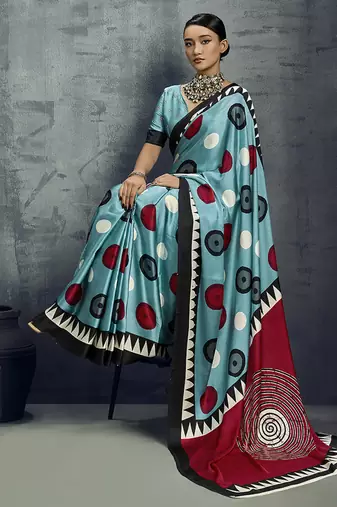 satin aqua blue printed saree with blouse fabric