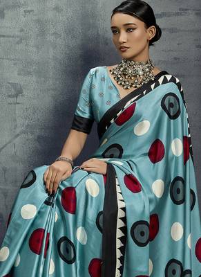 satin aqua blue printed saree with blouse fabric 4