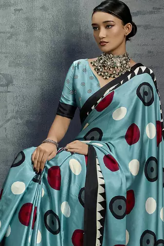 satin aqua blue printed saree with blouse fabric