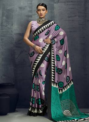 satin lilac printed saree with blouse fabric 1