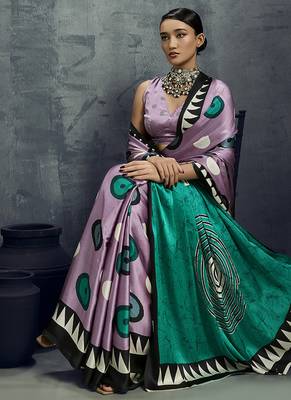 satin lilac printed saree with blouse fabric 3