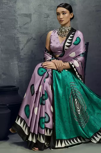 satin lilac printed saree with blouse fabric