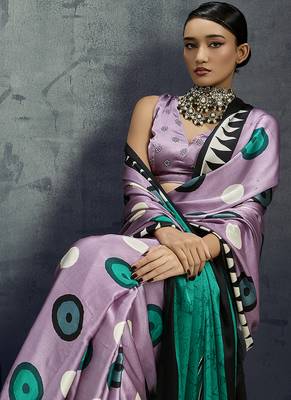 satin lilac printed saree with blouse fabric 4
