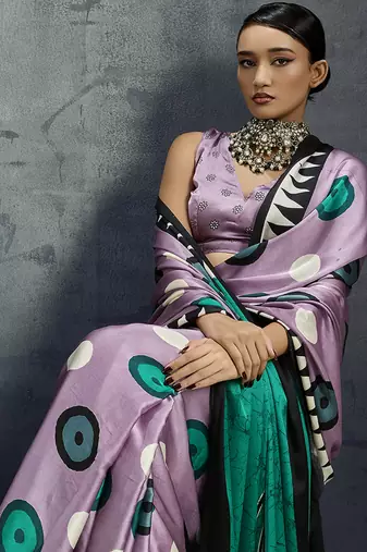 satin lilac printed saree with blouse fabric